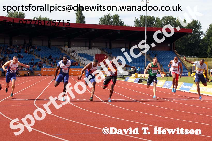 Dwain Chambers (Belgrave) wins from Harry Aikines Aryeetey (Sutton) and Chijindu Ujah (Enfield) 3rd, 100 metres, 2014 Sainsbury's British Championships. Photo: David T. Hewitson/Sports for All Pics